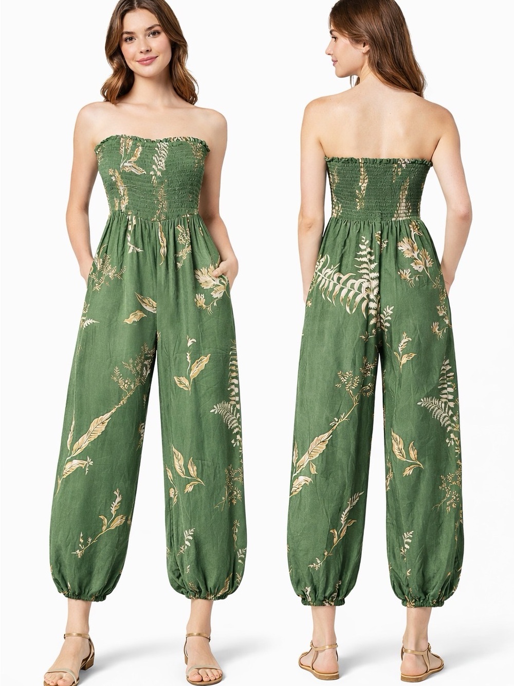 Anthropologie Green Botanical Strapless Smocked Jumpsuit
